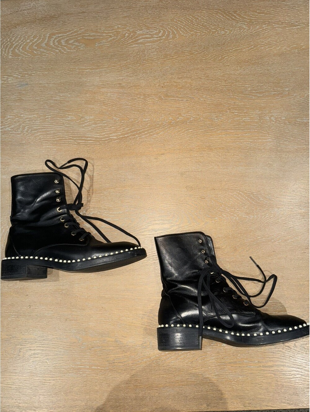 Stuart Weitzman Leather Sondra Combat Black Boot Pearls Women's 7.5 Excellent